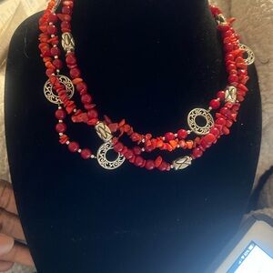 Red Beaded Necklace with Silver Accents